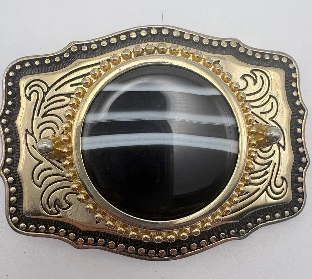 Western Style Gold-tone Belt Buckle with Center Black Cabochon Stone